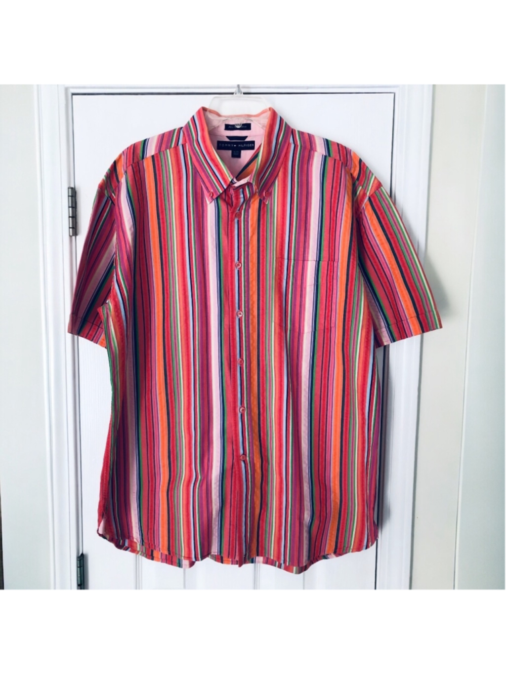 XL Vintage Tommy Hilfiger Colorful Rainbow Striped Y2K Hip Hop Retro Club Shirt
